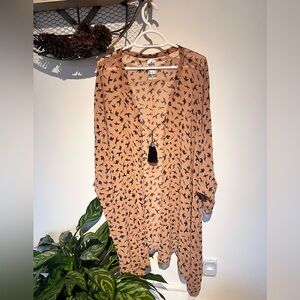 Upcycled Bird Print Bohemian Duster with tassel tie chest closure